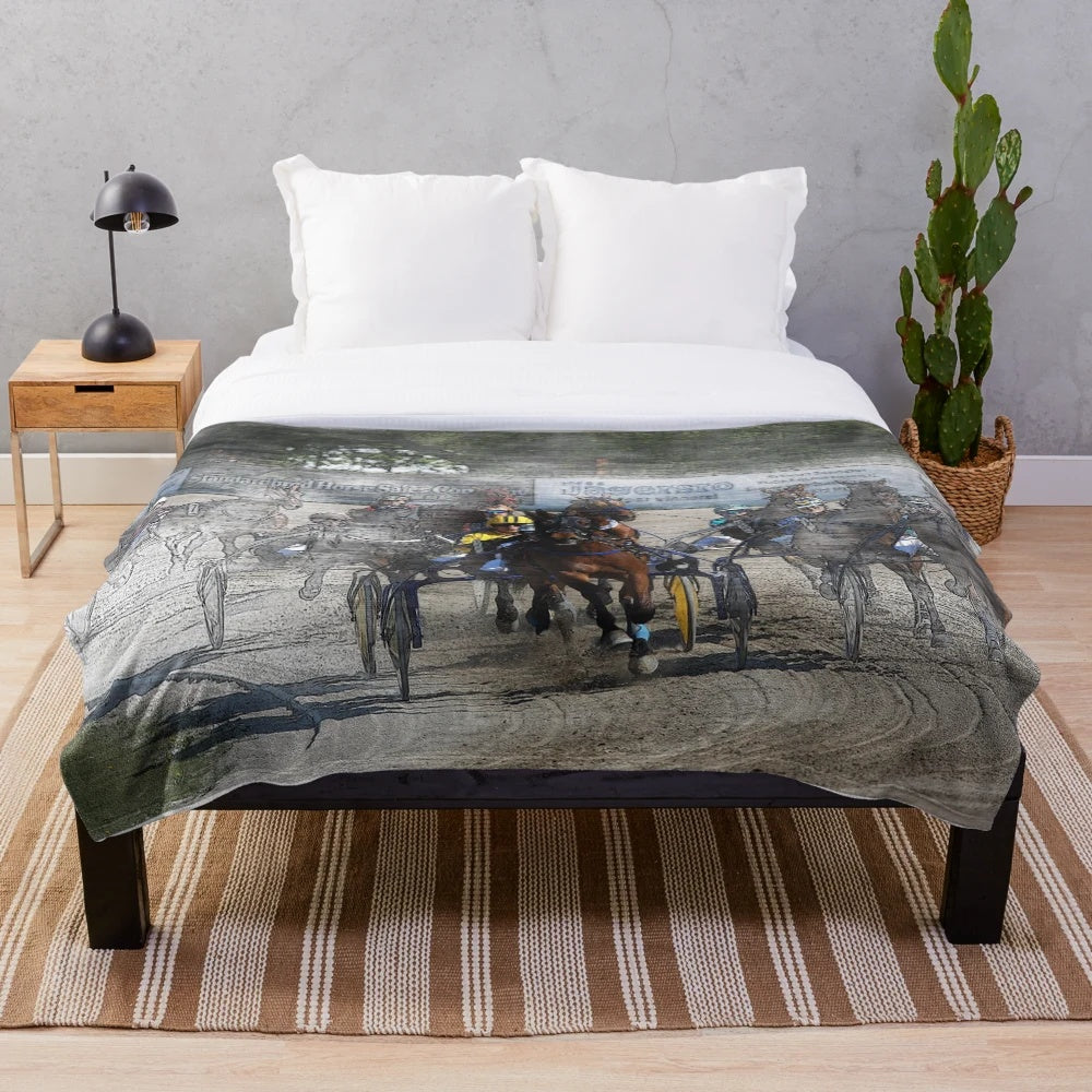 Plush blanket with a harness horse cart racing design
