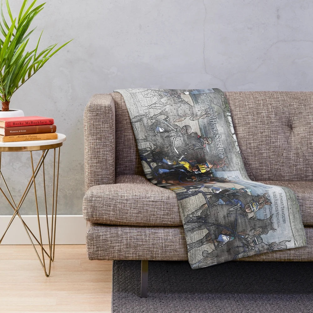 Plush blanket with a harness horse cart racing design