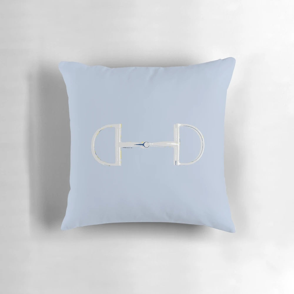 Elegant gray and silver pillow featuring a snaffle bit design, perfect for equestrian-inspired home decor.