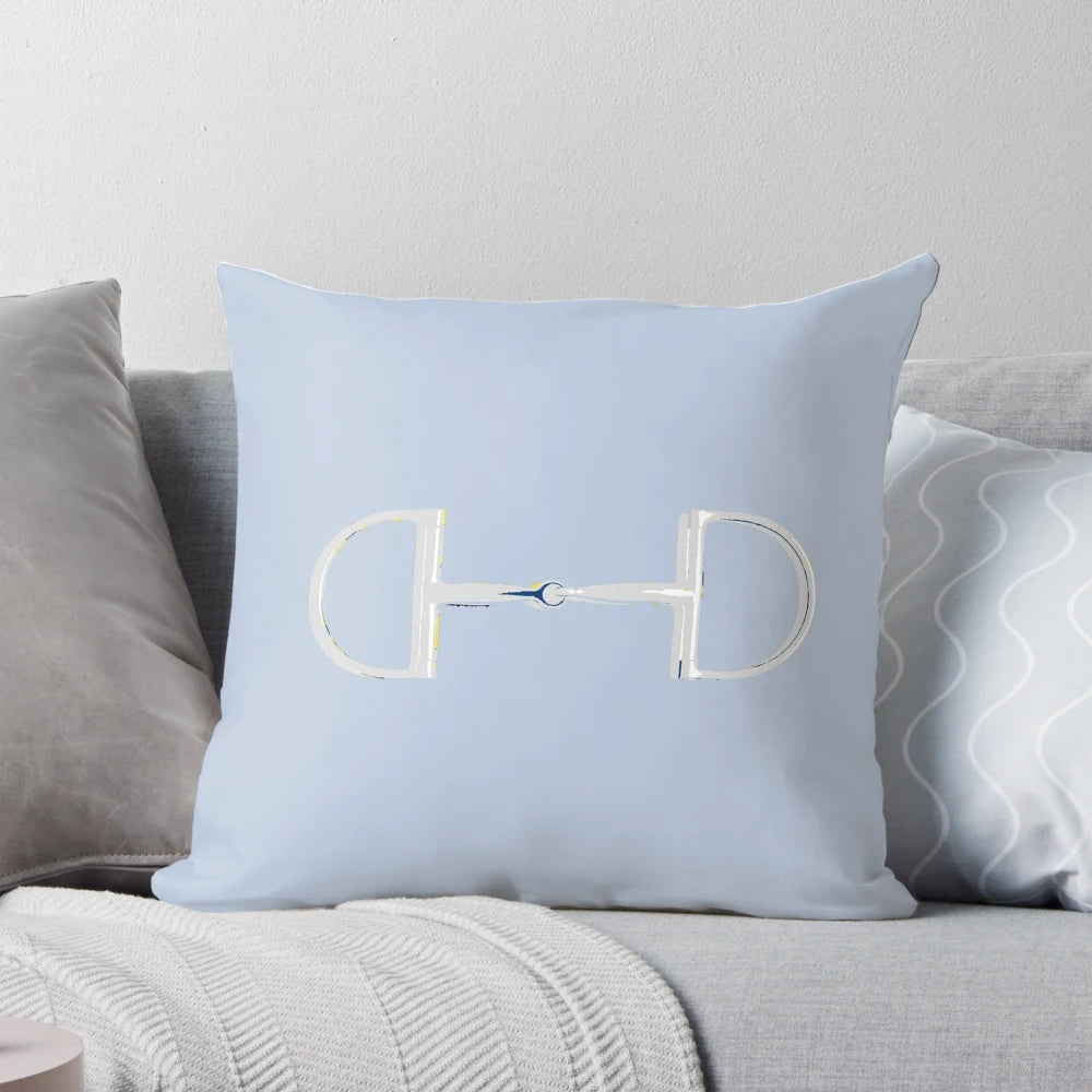Elegant gray and silver pillow featuring a snaffle bit design, perfect for equestrian-inspired home decor.