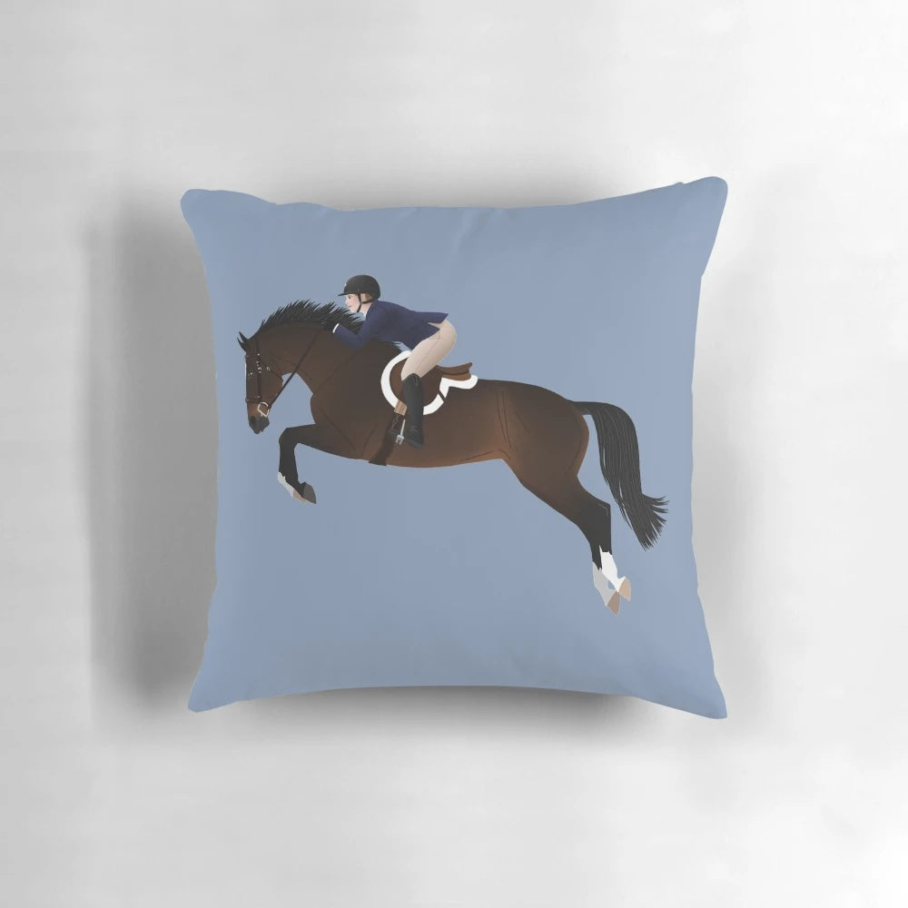 A stylized illustration of a dark bay warmblood horse jumping over a fence, showcasing the grace and power of an equestrian show jumper.