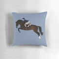 A stylized illustration of a dark bay warmblood horse jumping over a fence, showcasing the grace and power of an equestrian show jumper.