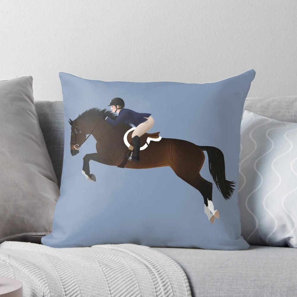 A stylized illustration of a dark bay warmblood horse jumping over a fence, showcasing the grace and power of an equestrian show jumper.