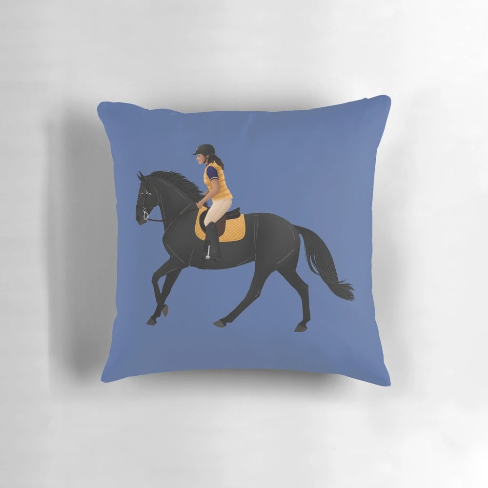 Plush pillow featuring the black horse Raven and his rider Zoe from the TV series "Free Rein