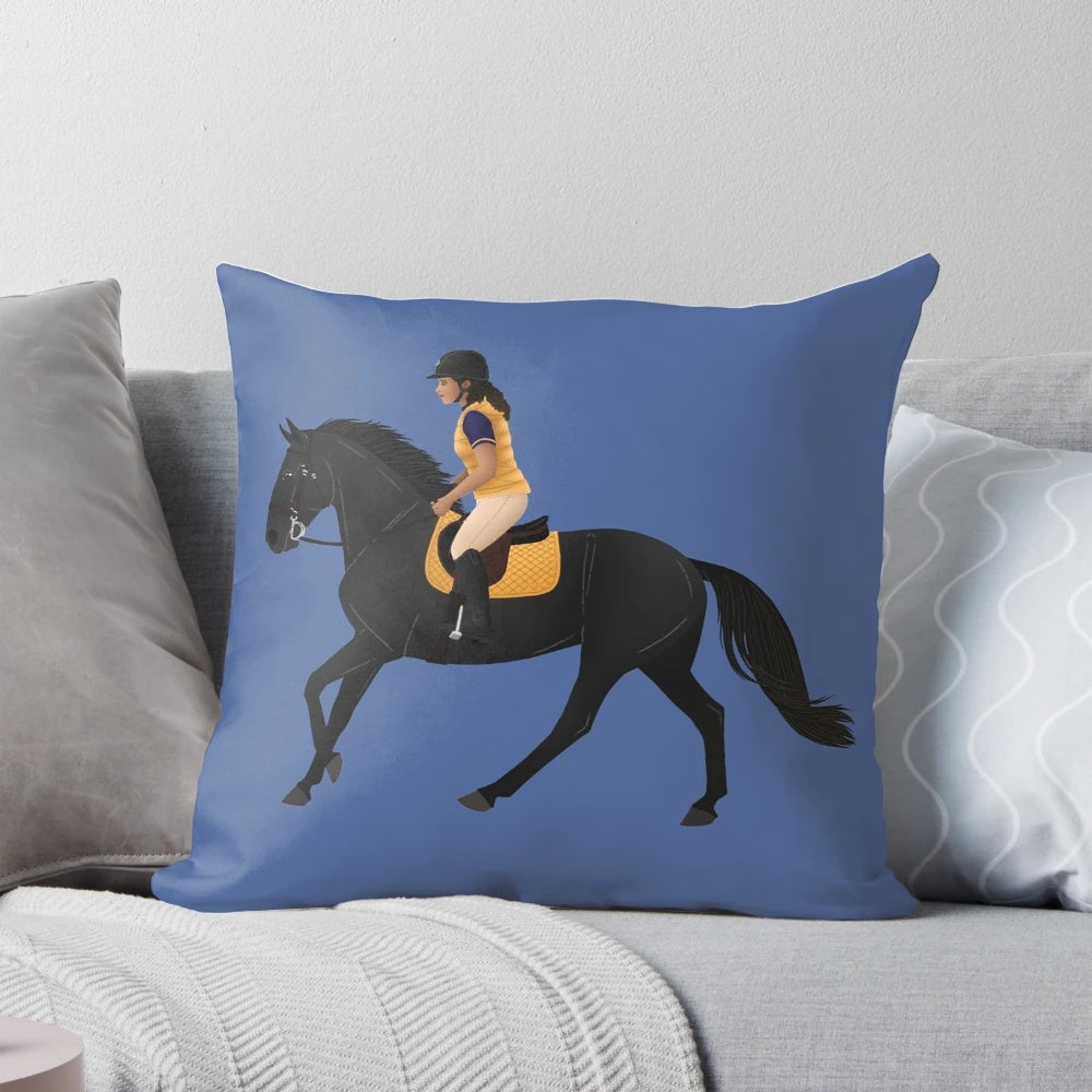 Plush pillow featuring the black horse Raven and his rider Zoe from the TV series "Free Rein