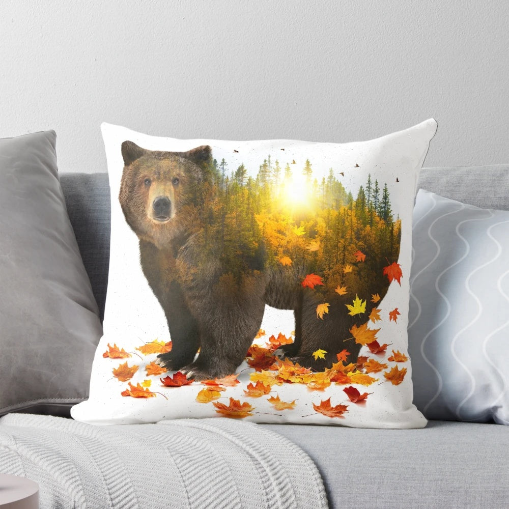 Equinox Bear Pillow with Autumn Leaves and Nature Landscape