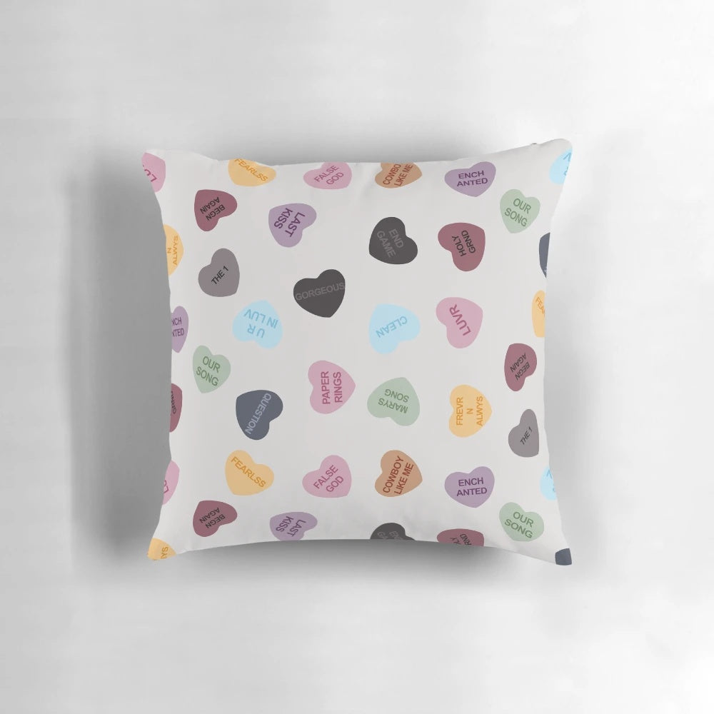 Eras inspired candy hearts-themed home decor pillow featuring Taylor Swift imagery and references