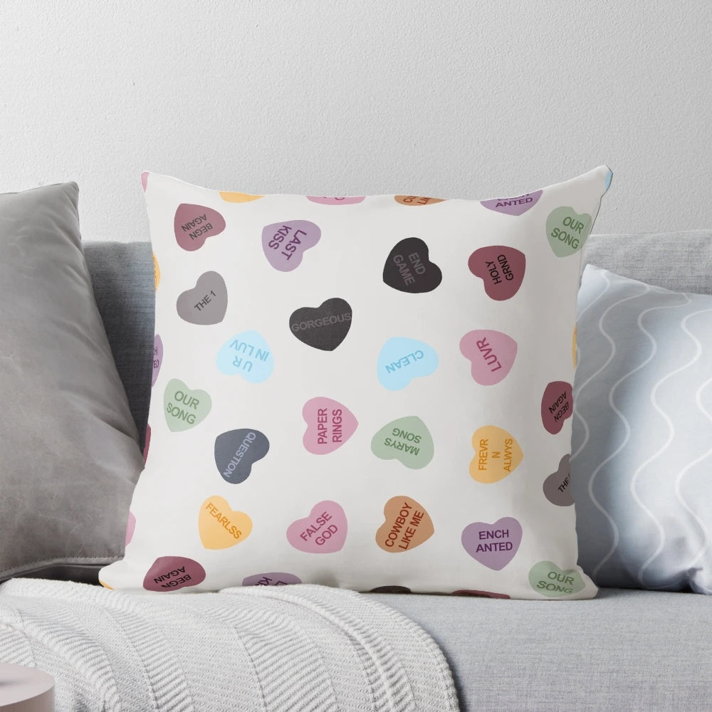 Eras inspired candy hearts-themed home decor pillow featuring Taylor Swift imagery and references