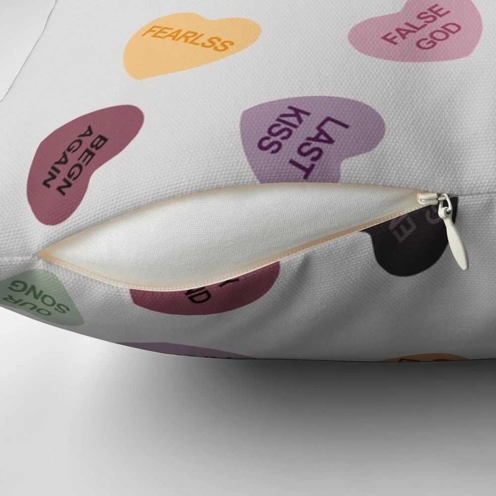 Eras inspired candy hearts-themed home decor pillow featuring Taylor Swift imagery and references