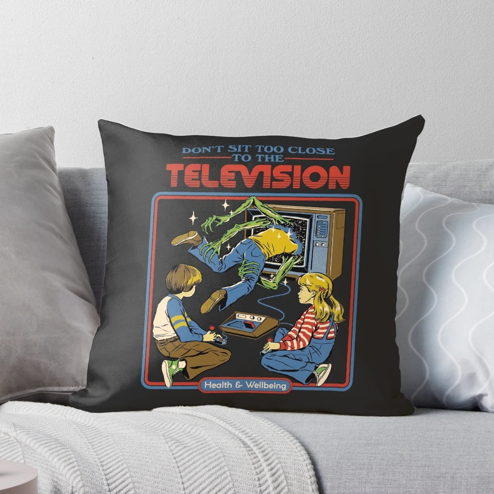 Closeup of a plush pillow with a vintage video game design, optimized for comfortable gaming.