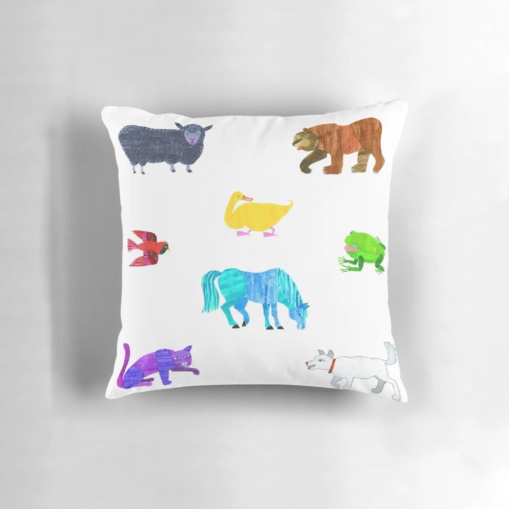 A vibrant, colorful throw pillow featuring the iconic illustrations from the classic children's book "Brown Bear, Brown Bear, What Do You See?" by Eric Carle.