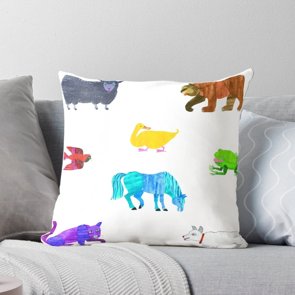 A vibrant, colorful throw pillow featuring the iconic illustrations from the classic children's book "Brown Bear, Brown Bear, What Do You See?" by Eric Carle.