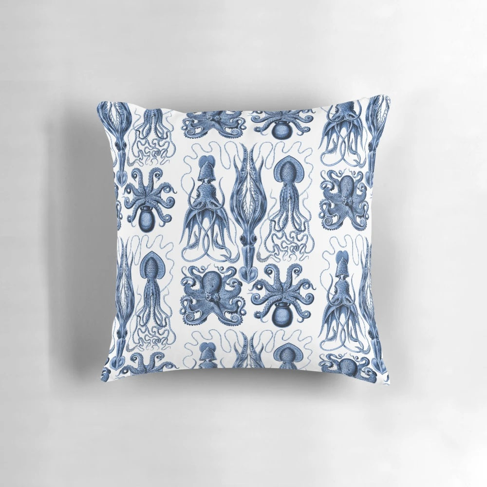 Vintage Ernst Haeckel illustration of an octopus on a cobalt blue pillow