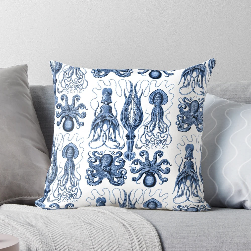 Vintage Ernst Haeckel illustration of an octopus on a cobalt blue pillow