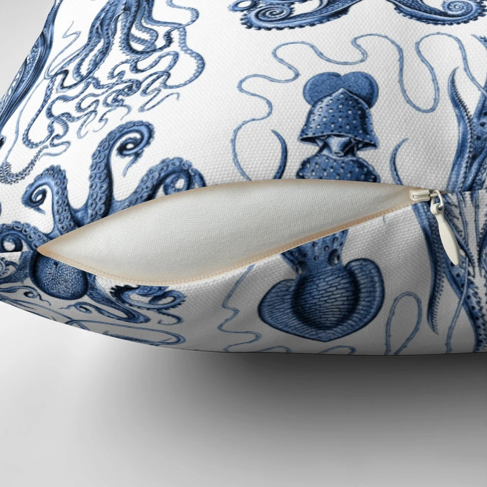 Vintage Ernst Haeckel illustration of an octopus on a cobalt blue pillow