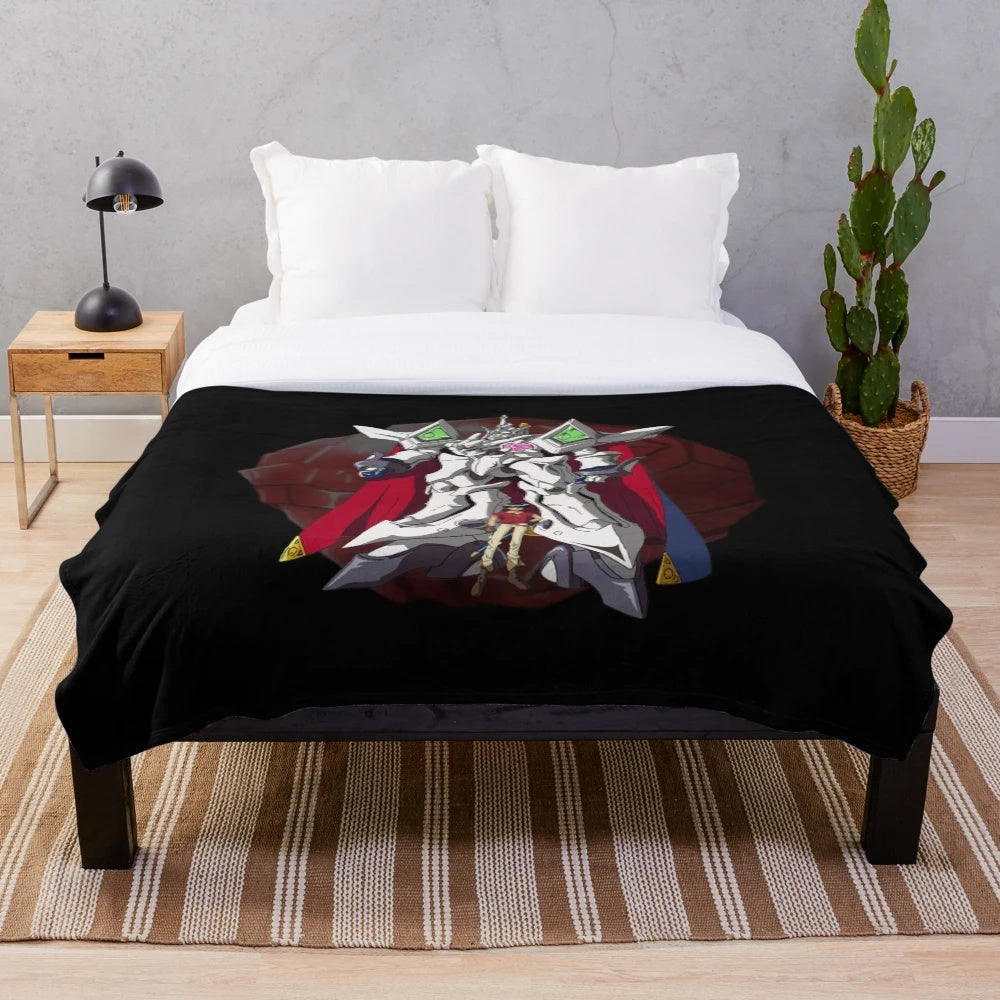 Escaflowne inspired plush blanket featuring anime mech and character designs
