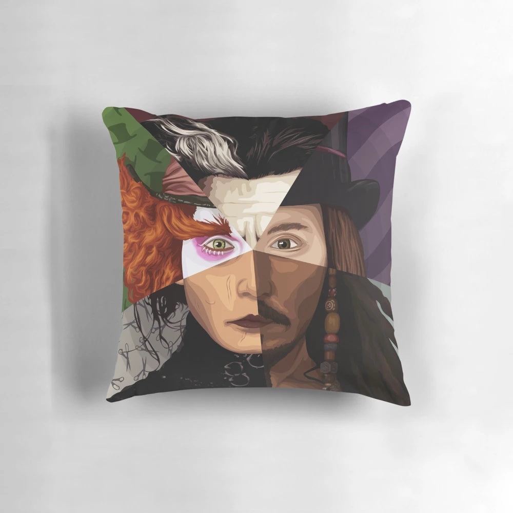 Escapism is Survival Pillow featuring iconic characters from Johnny Depp films