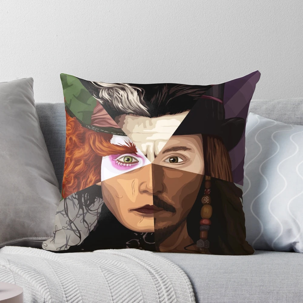 Escapism is Survival Pillow featuring iconic characters from Johnny Depp films