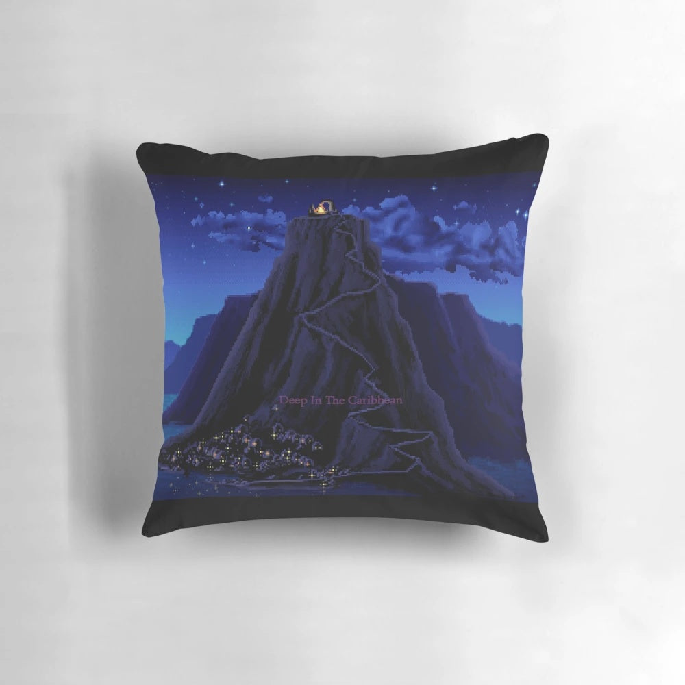 Soft and plush pillow featuring the iconic Monkey Island video game logo and Caribbean setting