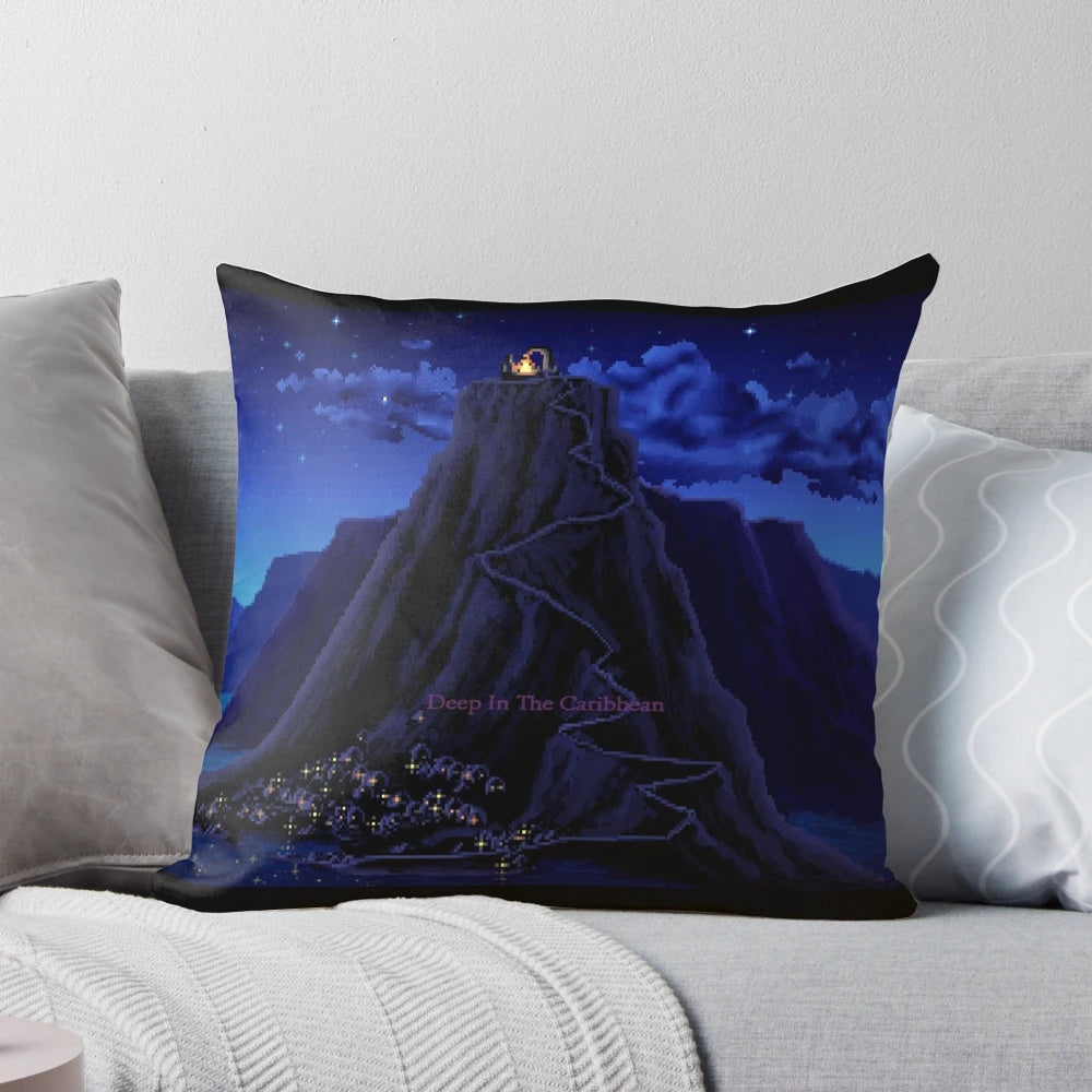 Soft and plush pillow featuring the iconic Monkey Island video game logo and Caribbean setting