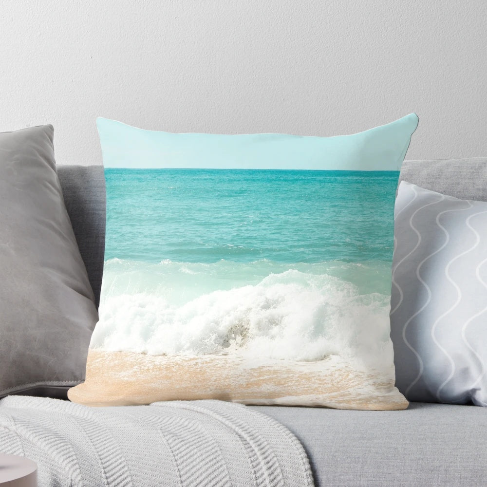 Turquoise blue ocean waves crashing on a tropical beach shore