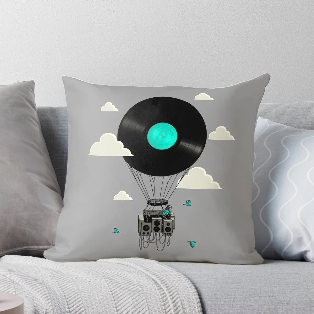 A plush, cloud-like pillow featuring nature-inspired designs and serene imagery