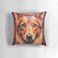 A decorative pillow featuring a dog motif in a mosaic design with natural, earthy tones.