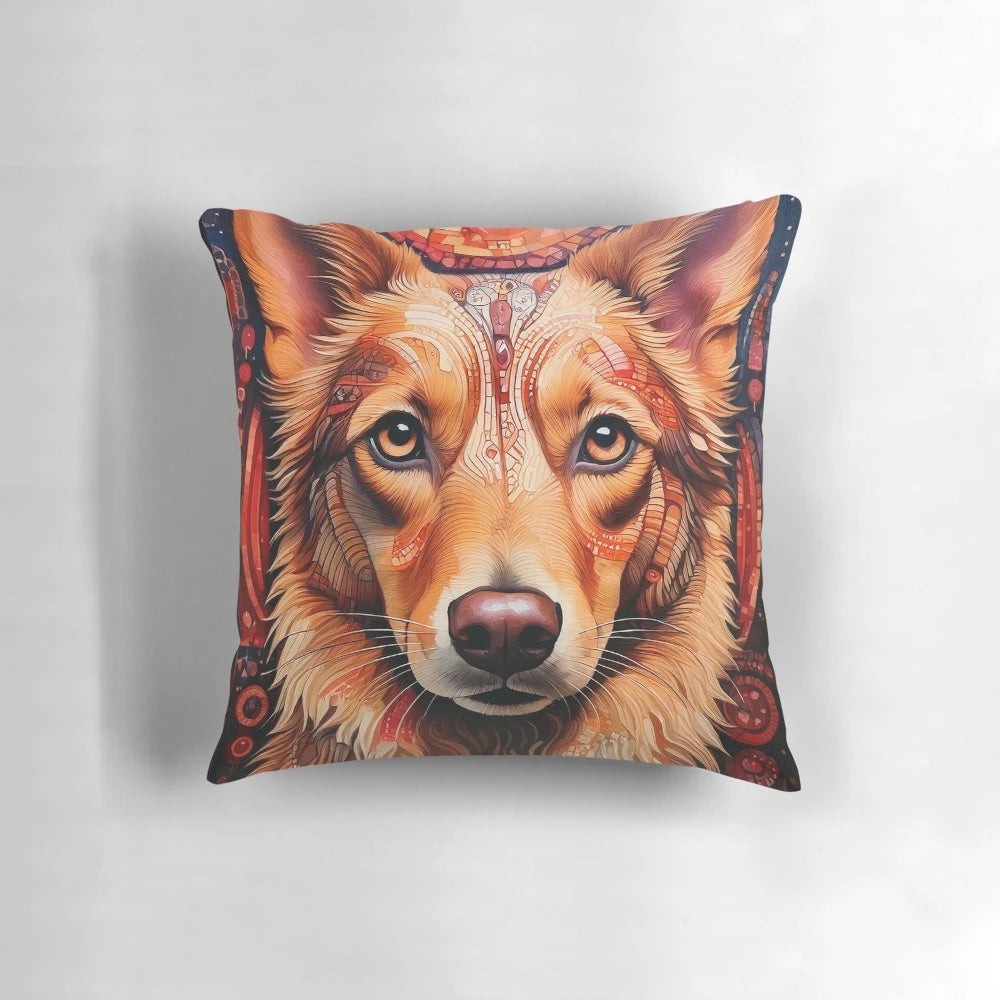 A decorative pillow featuring a dog motif in a mosaic design with natural, earthy tones.