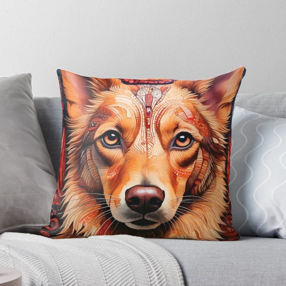 A decorative pillow featuring a dog motif in a mosaic design with natural, earthy tones.