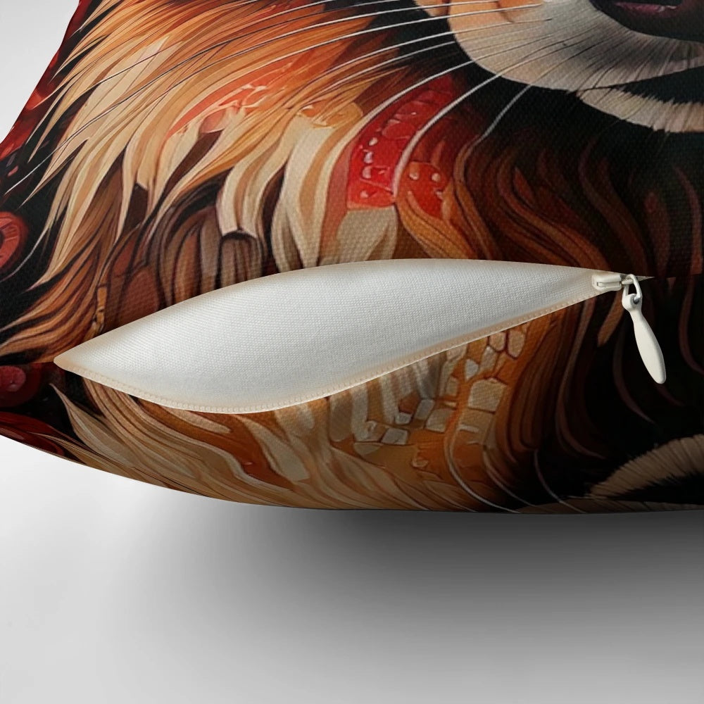 A decorative pillow featuring a dog motif in a mosaic design with natural, earthy tones.