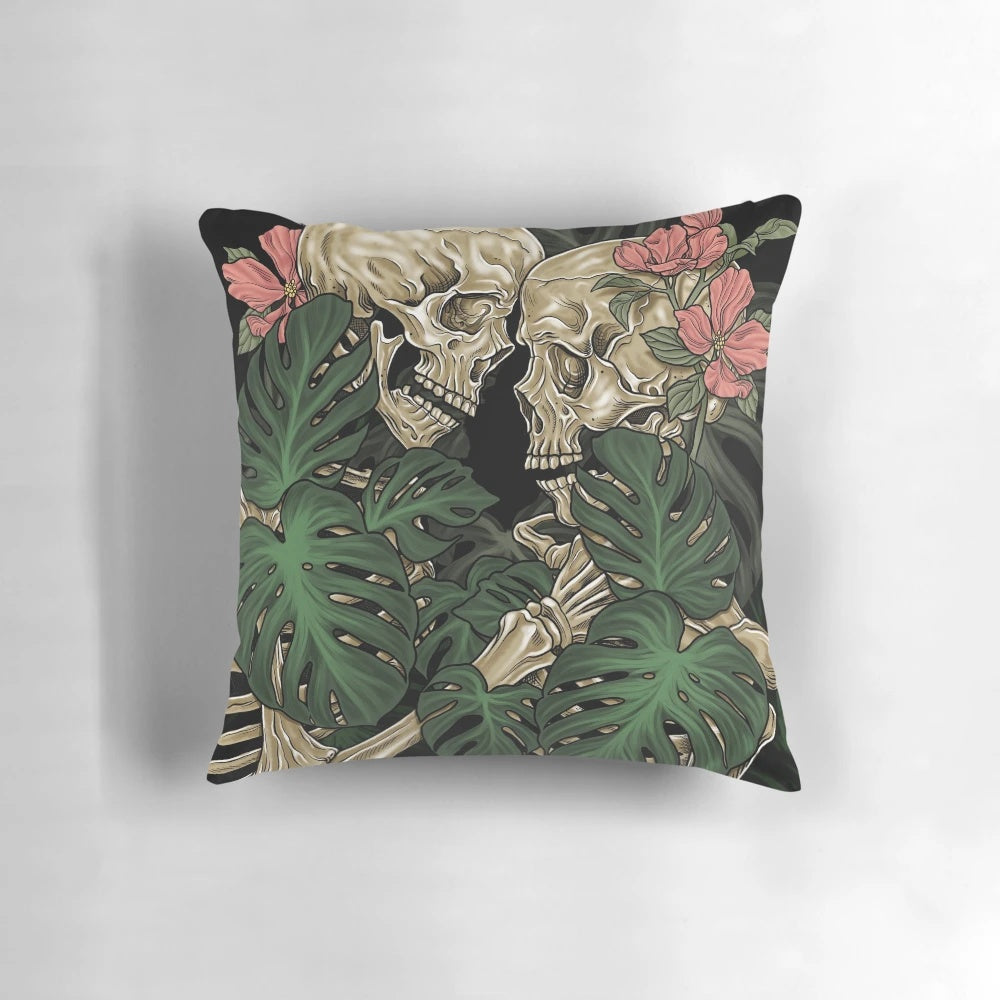 Eternal Love Skeleton Flower Pillow - A gothic and romantic decorative pillow featuring a skull, skeleton, and flowers.