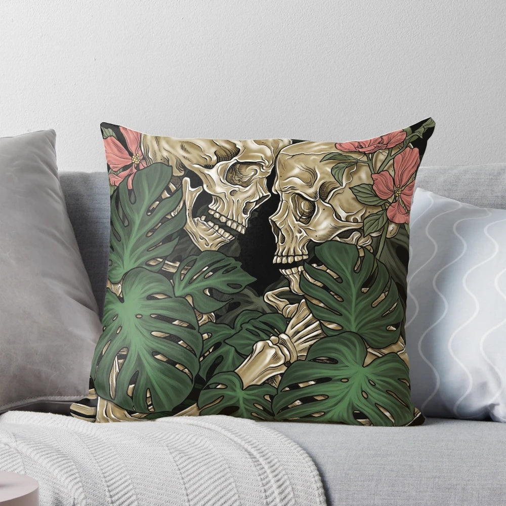 Eternal Love Skeleton Flower Pillow - A gothic and romantic decorative pillow featuring a skull, skeleton, and flowers.