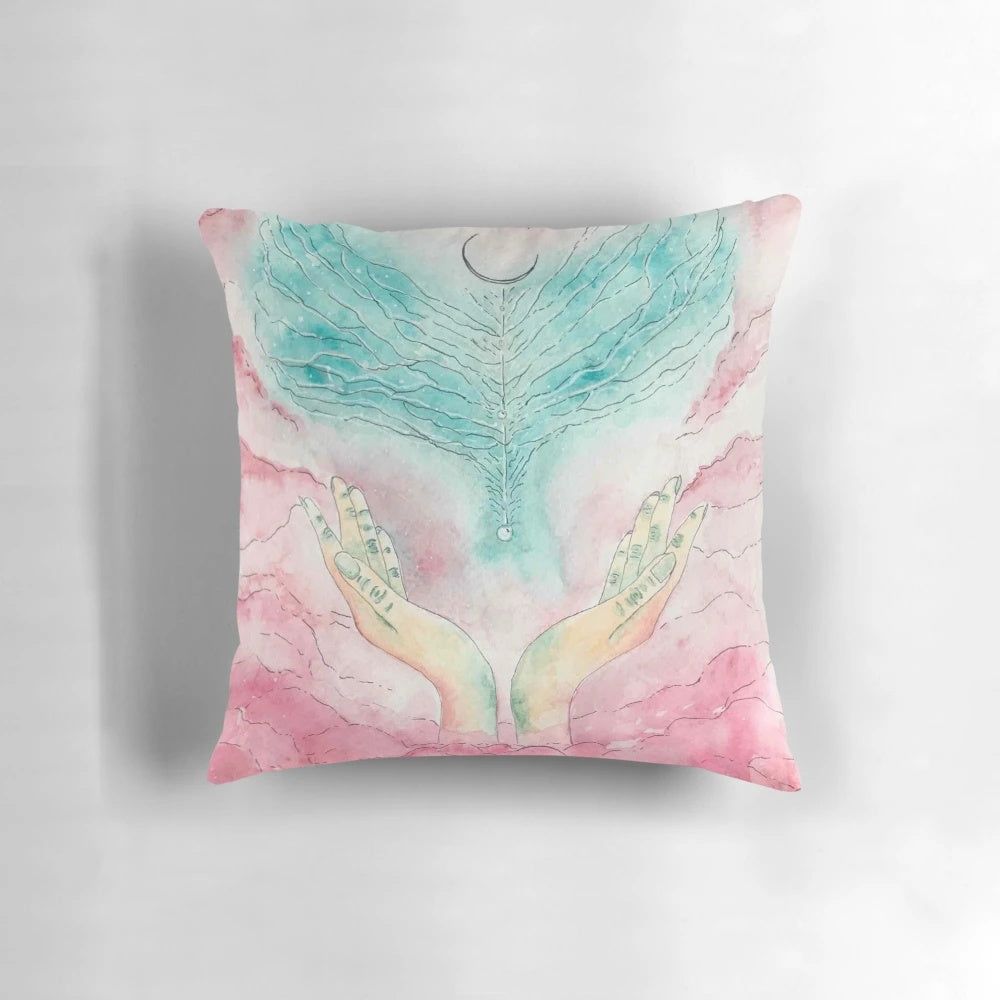Soft, fluffy angel pillow with a bright, celestial design