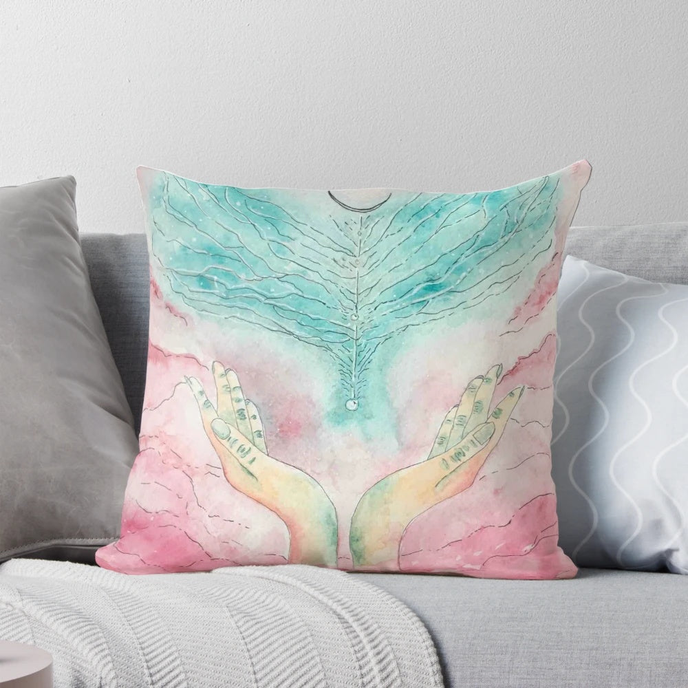 Soft, fluffy angel pillow with a bright, celestial design