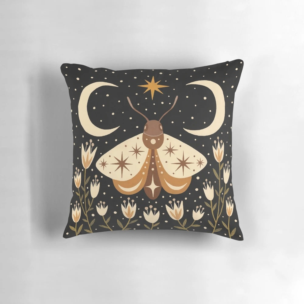 Mystical between two moons pillow featuring moths, butterflies, and other nocturnal creatures