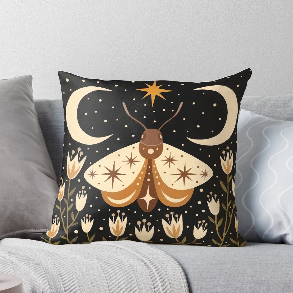 Mystical between two moons pillow featuring moths, butterflies, and other nocturnal creatures