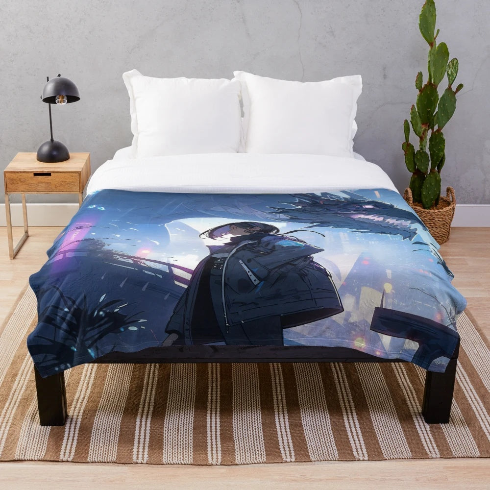 Plush blanket featuring an ethereal, cyberpunk-inspired dragon creature