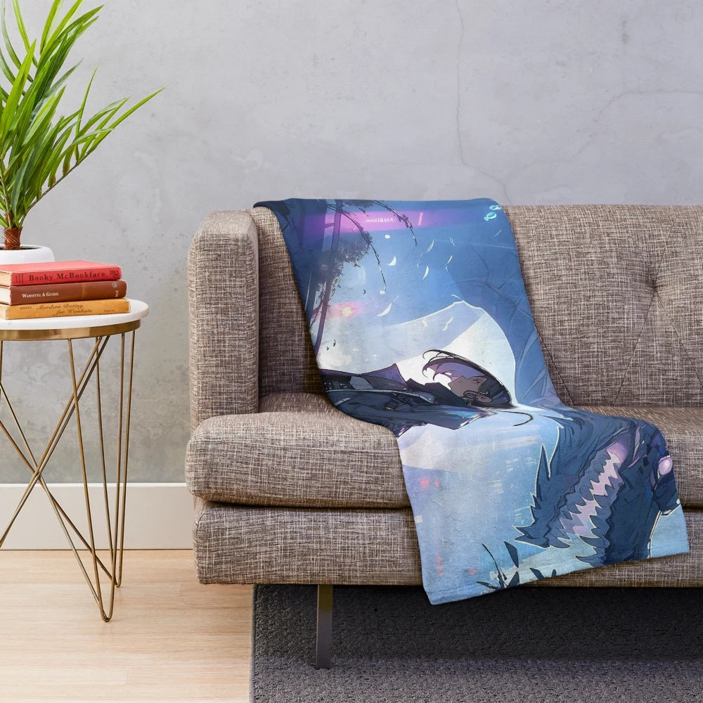 Plush blanket featuring an ethereal, cyberpunk-inspired dragon creature