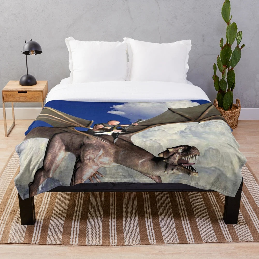 Plush blanket featuring a whimsical dragon soaring through cloudy skies
