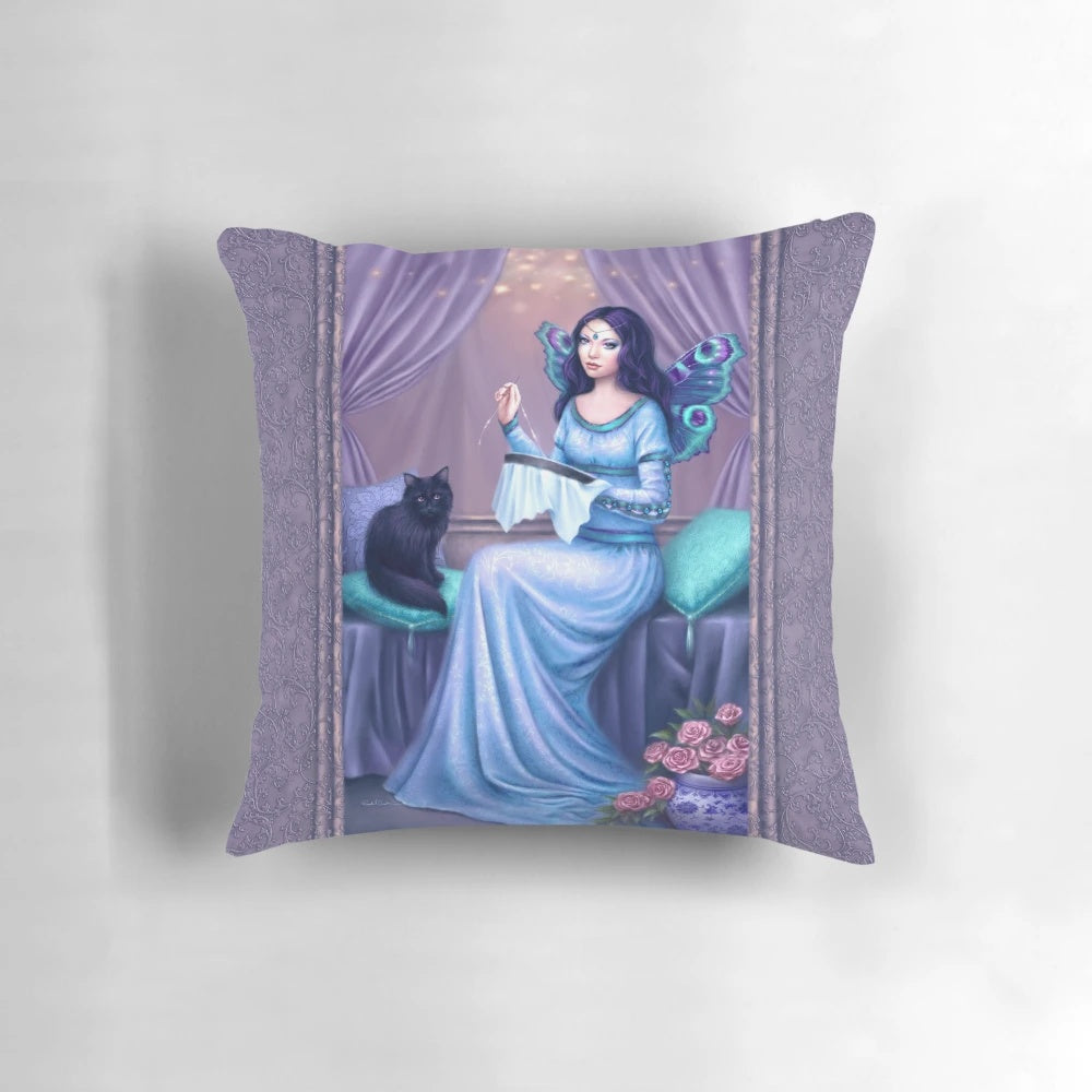 Ariadne fairy pillow with whimsical butterfly, peacock, and cat embroidery in shades of purple, blue, and green