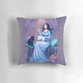 Ariadne fairy pillow with whimsical butterfly, peacock, and cat embroidery in shades of purple, blue, and green