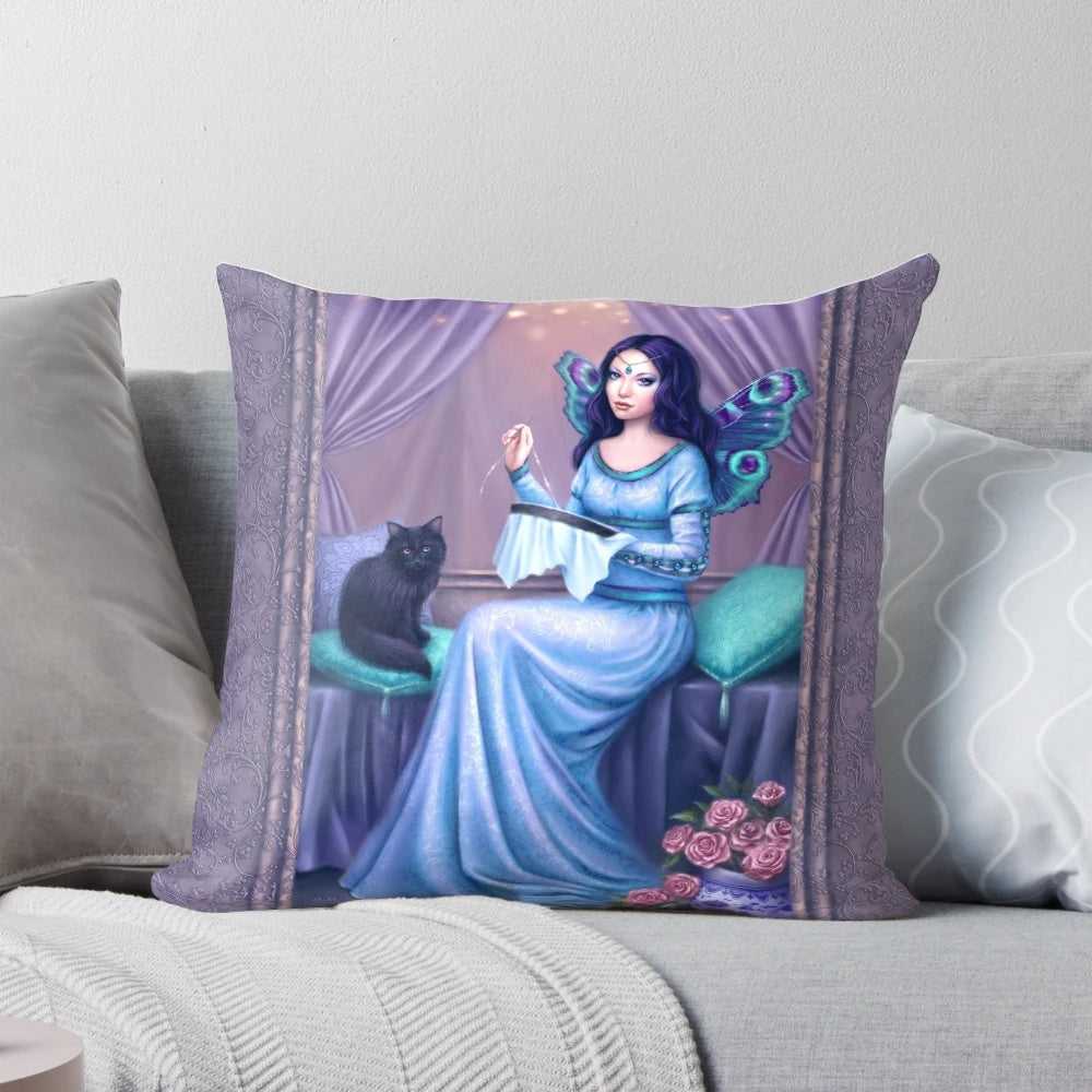 Ariadne fairy pillow with whimsical butterfly, peacock, and cat embroidery in shades of purple, blue, and green