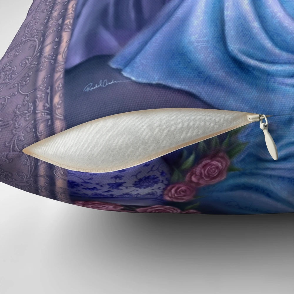 Ariadne fairy pillow with whimsical butterfly, peacock, and cat embroidery in shades of purple, blue, and green