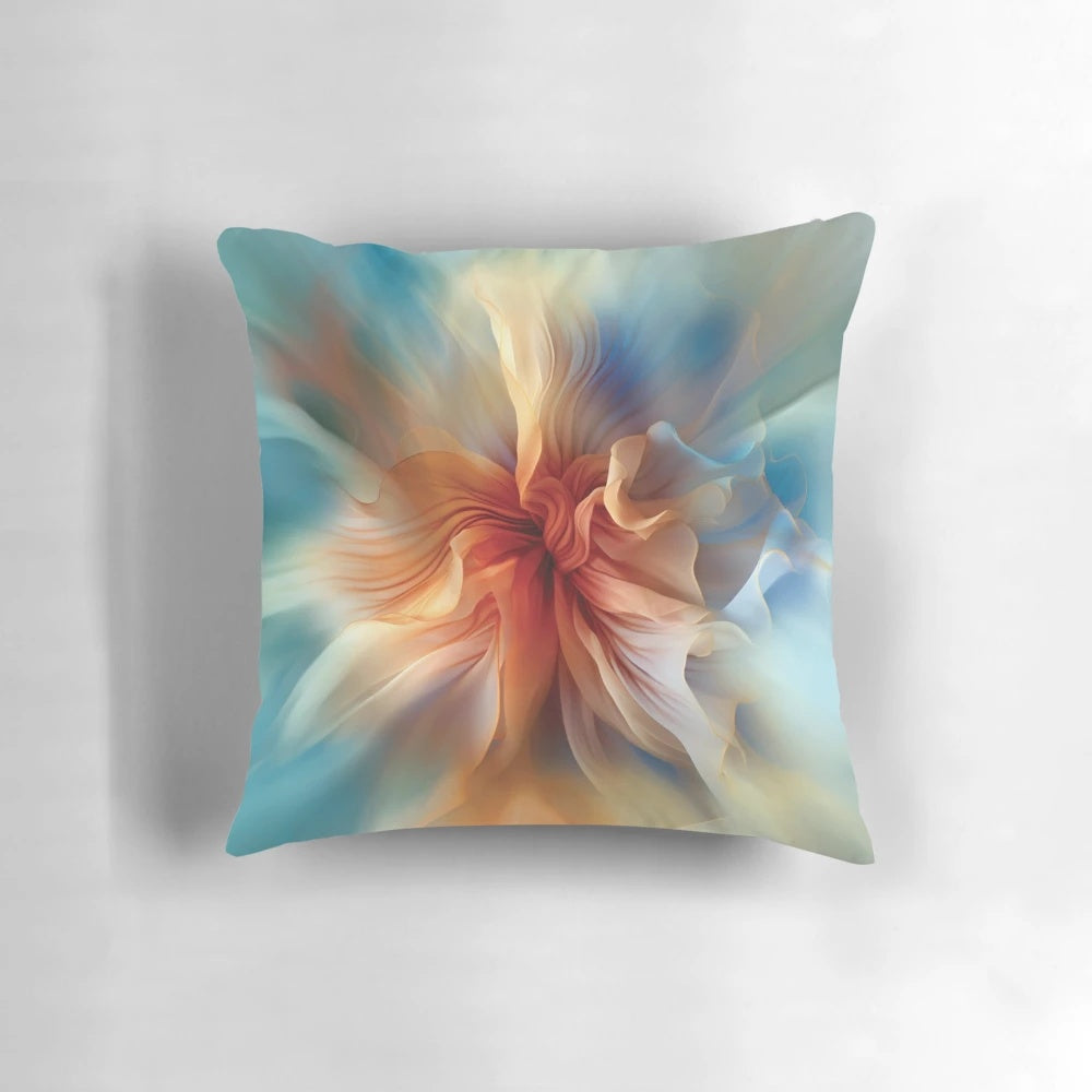 Ethereal flower decorative pillow with delicate, flowing petals in light blue, yellow, and red