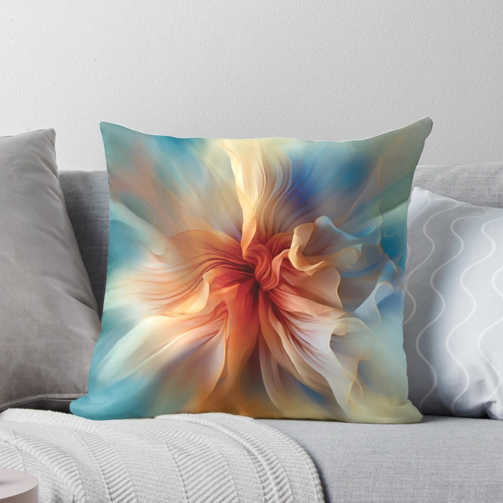 Ethereal flower decorative pillow with delicate, flowing petals in light blue, yellow, and red