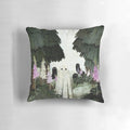 A decorative pillow featuring a ghostly, ethereal image of foxglove flowers blooming in a forested setting.