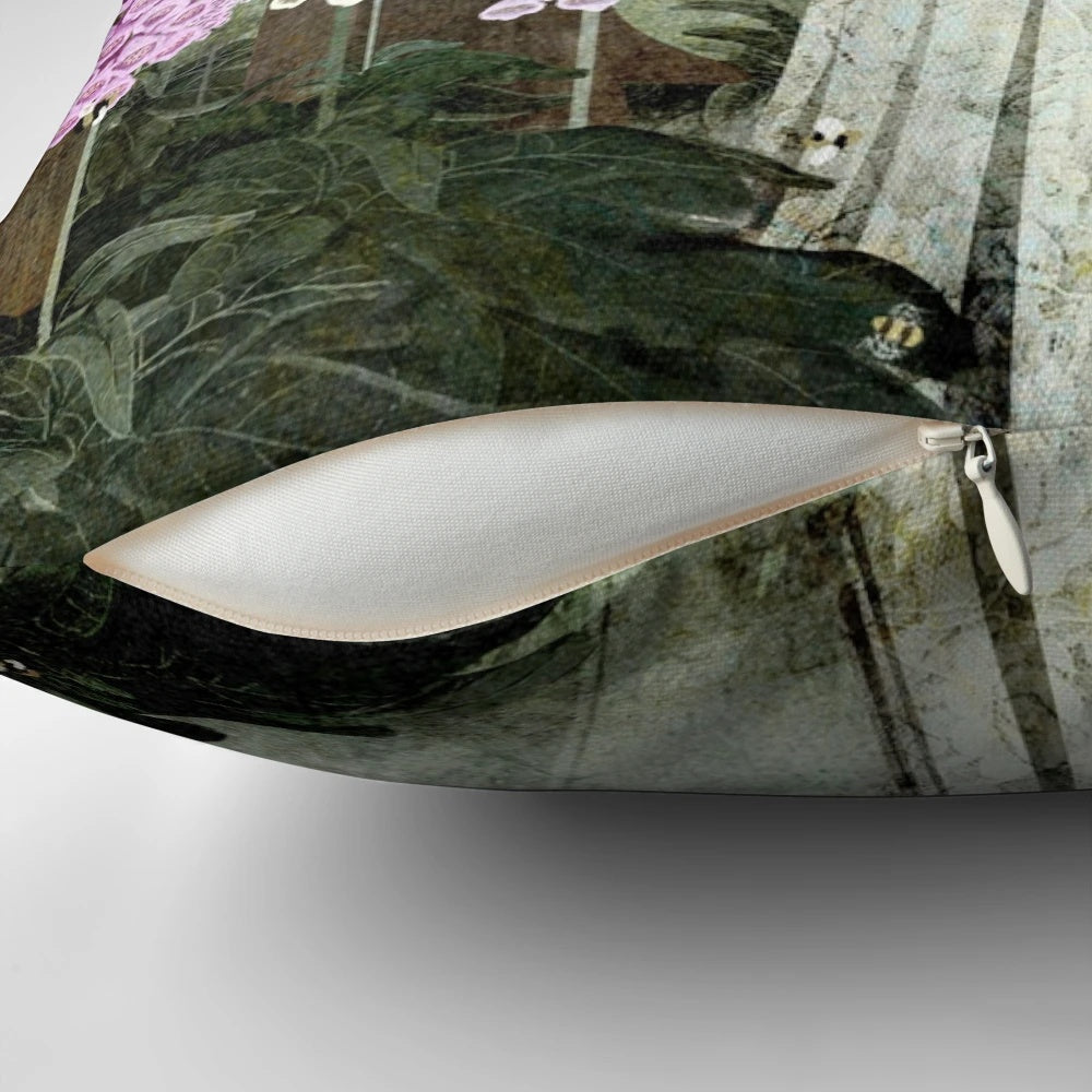 A decorative pillow featuring a ghostly, ethereal image of foxglove flowers blooming in a forested setting.