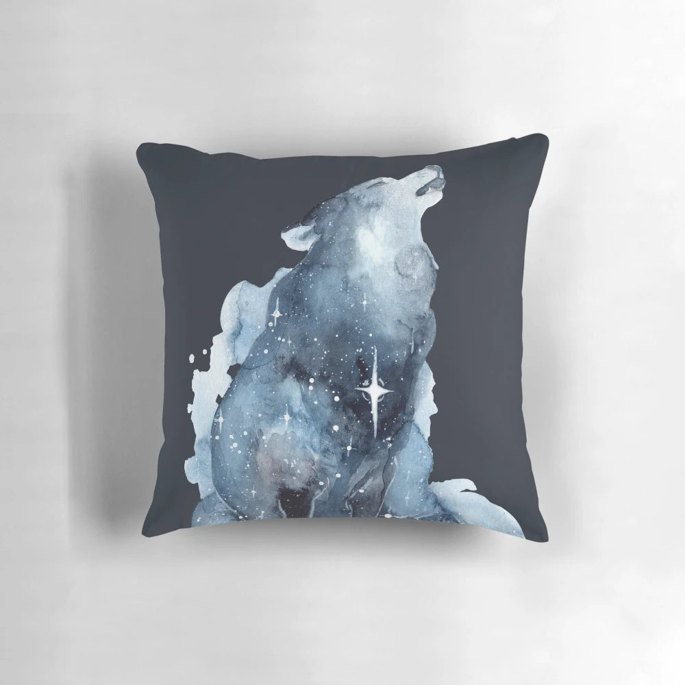 Ethereal watercolor painting of a howling wolf against a galaxy sky background
