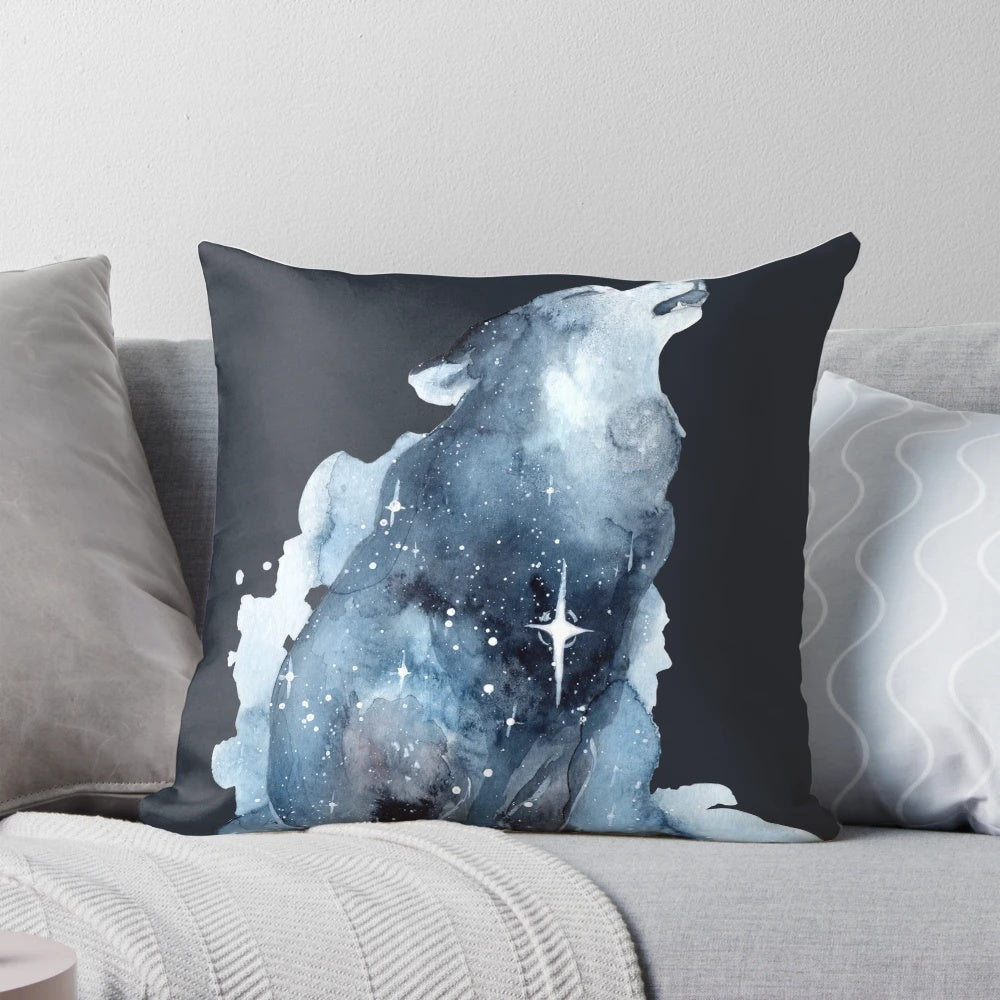 Ethereal watercolor painting of a howling wolf against a galaxy sky background