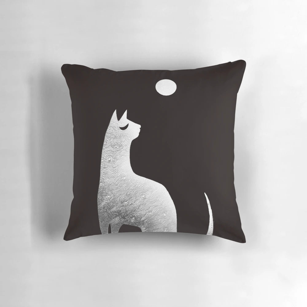 Ghostly white cat silhouetted against a full moon in a night sky with wispy clouds, a supernatural black and white art design.